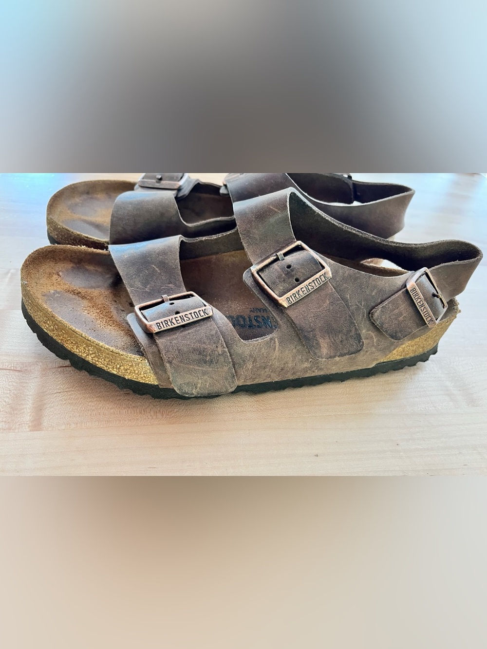 Birkenstock Milano Oiled Leather Two-Strap Brown Buckle Sandal, Sz 41 - Picture 4 of 13